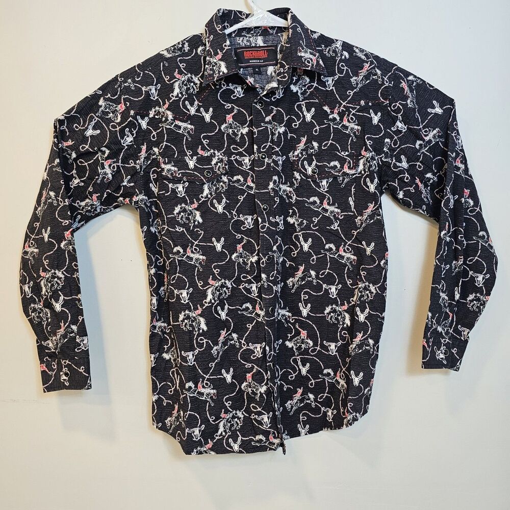 Rock & Roll Denim Mens Black Rodeo Print Western Snap Shirt Modern Fit X-Large